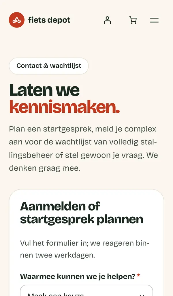 De contactpagina op mobiel