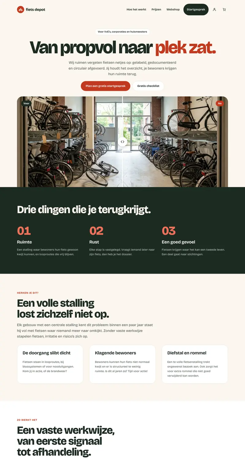 Homepage van Fiets Depot: ‘Van propvol naar plek zat.’, met een voor-en-na-foto van een fietsenstalling