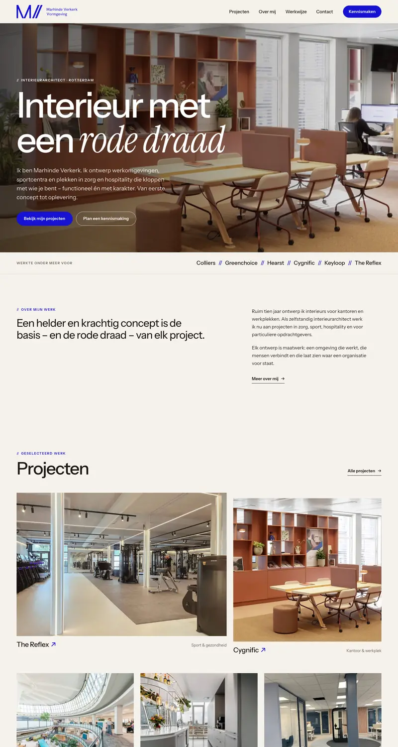 Homepage van Marhinde Verkerk Vormgeving: ‘Interieur met een rode draad’, met foto’s van haar projecten