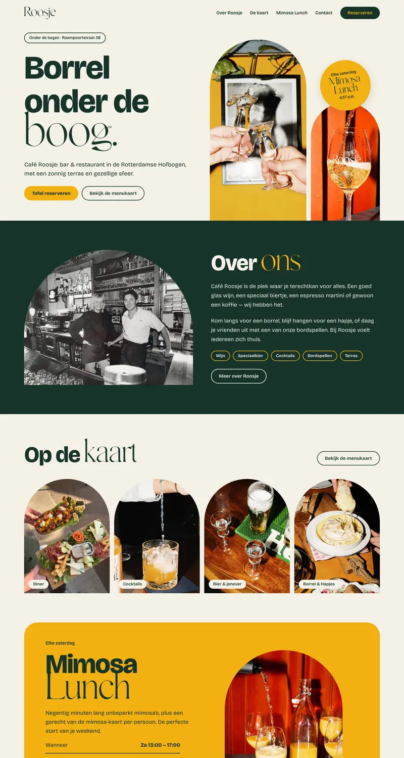 Homepage van Café Roosje: ‘Borrel onder de boog’, met foto’s uit het café
